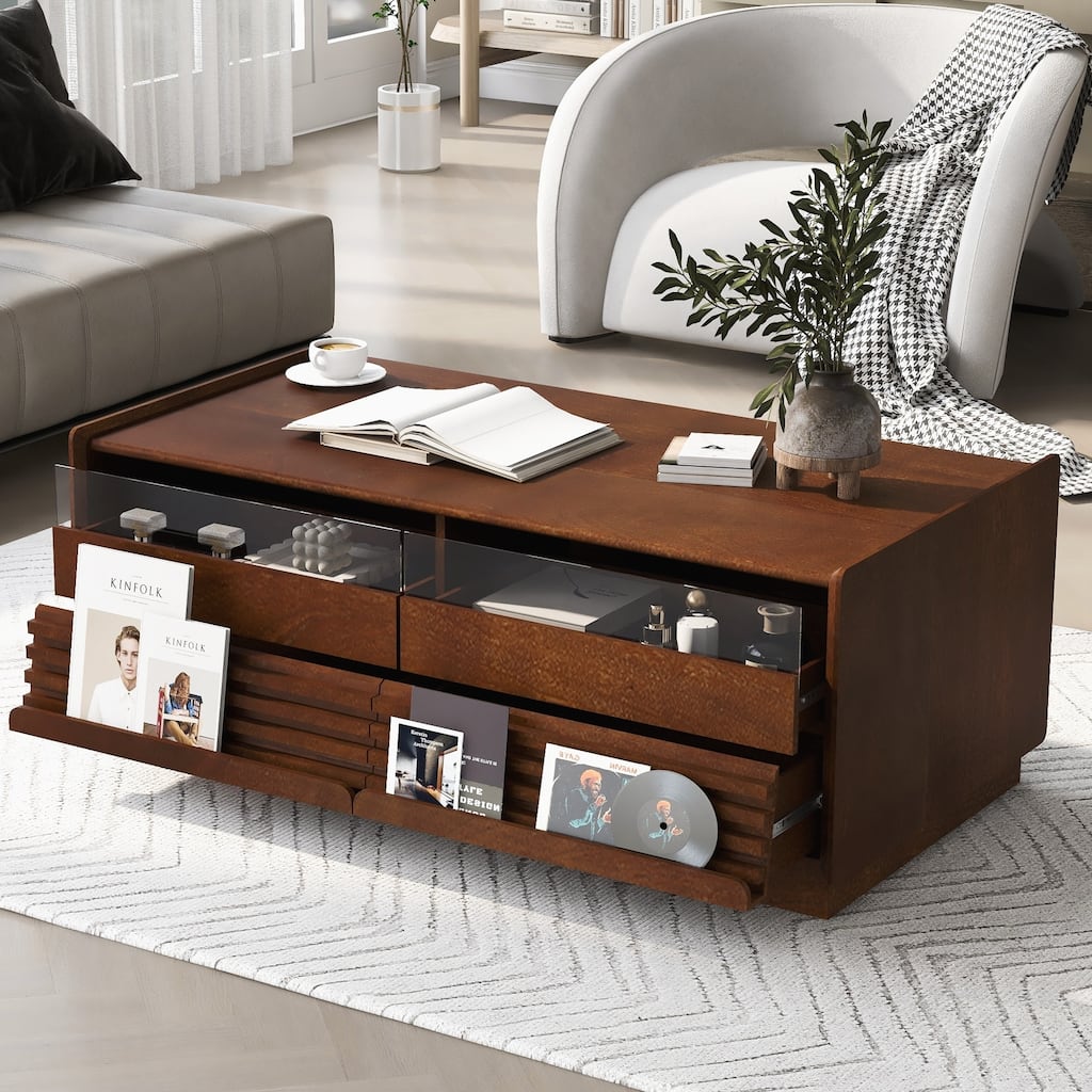 Modern Rectangle Coffee Table with 4 Drawers and 2 Display Shelves, 47.2" Wood Coffee Table with Fluted Style, Tempered Glass