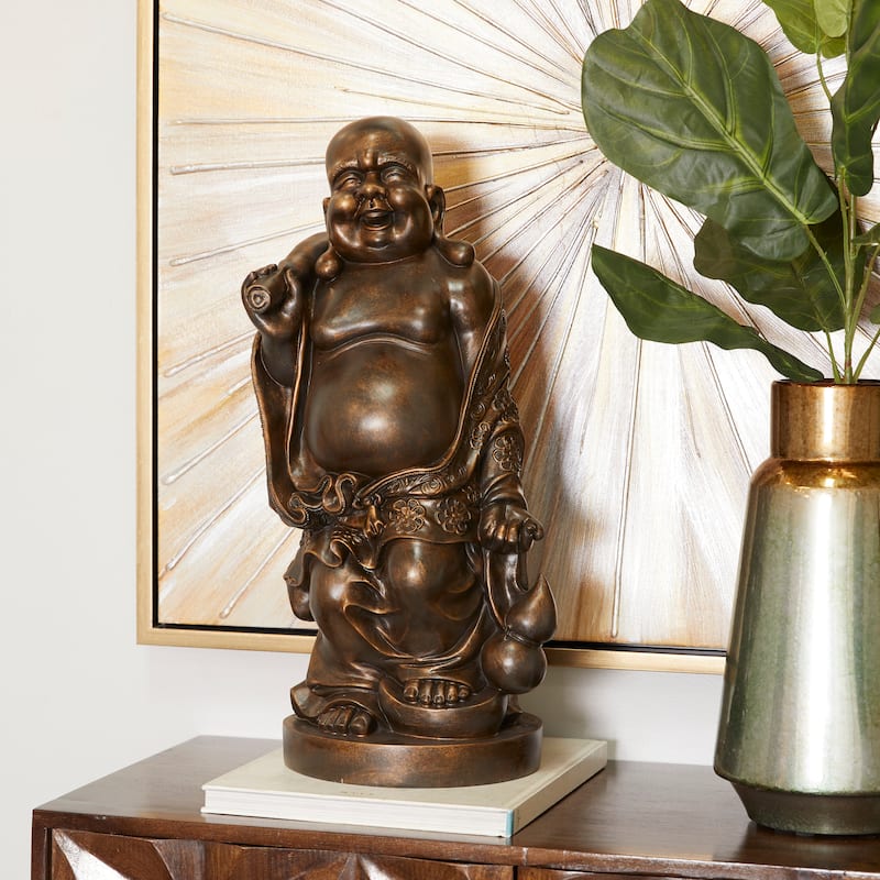 Polystone Meditating Buddha Sculpture with Engraved Carvings and Relief Detailing - Brown or Bronze - Brown