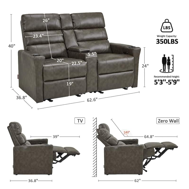 MCombo 62.6'' RV Recliner Loveseat Sofa with Console, Zero Wall Hugger Power Loveseat Recliner with USB Charge Ports, Outlet
