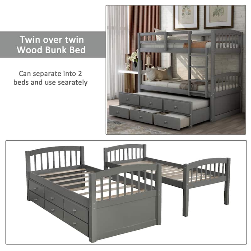 Twin Over Twin Bunk Bed with Trundle and 3 Drawers, Wooden Bunk Bed with Ladder and Safety Rails, Space Saving