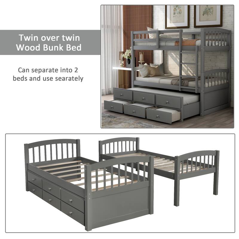 Twin Pine Bunk Bed with Trundle, Drawers, and Ladder