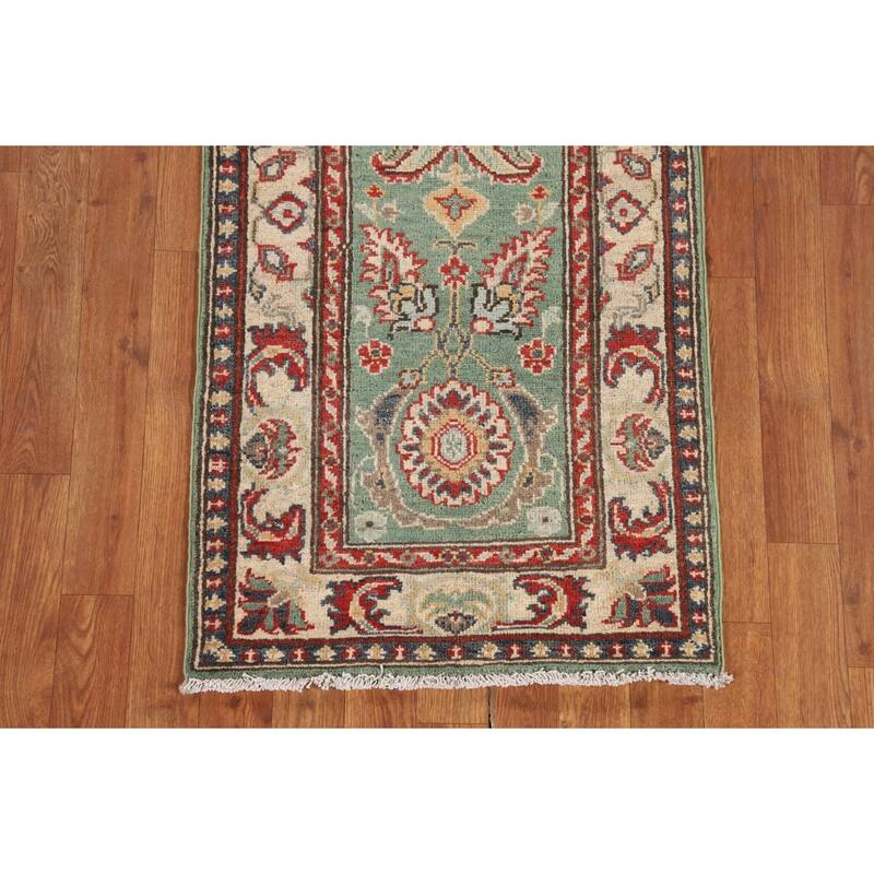 Light Green Kazak Runner Rug Handmade Oriental Wool Carpet - 2'1" x 5'11"