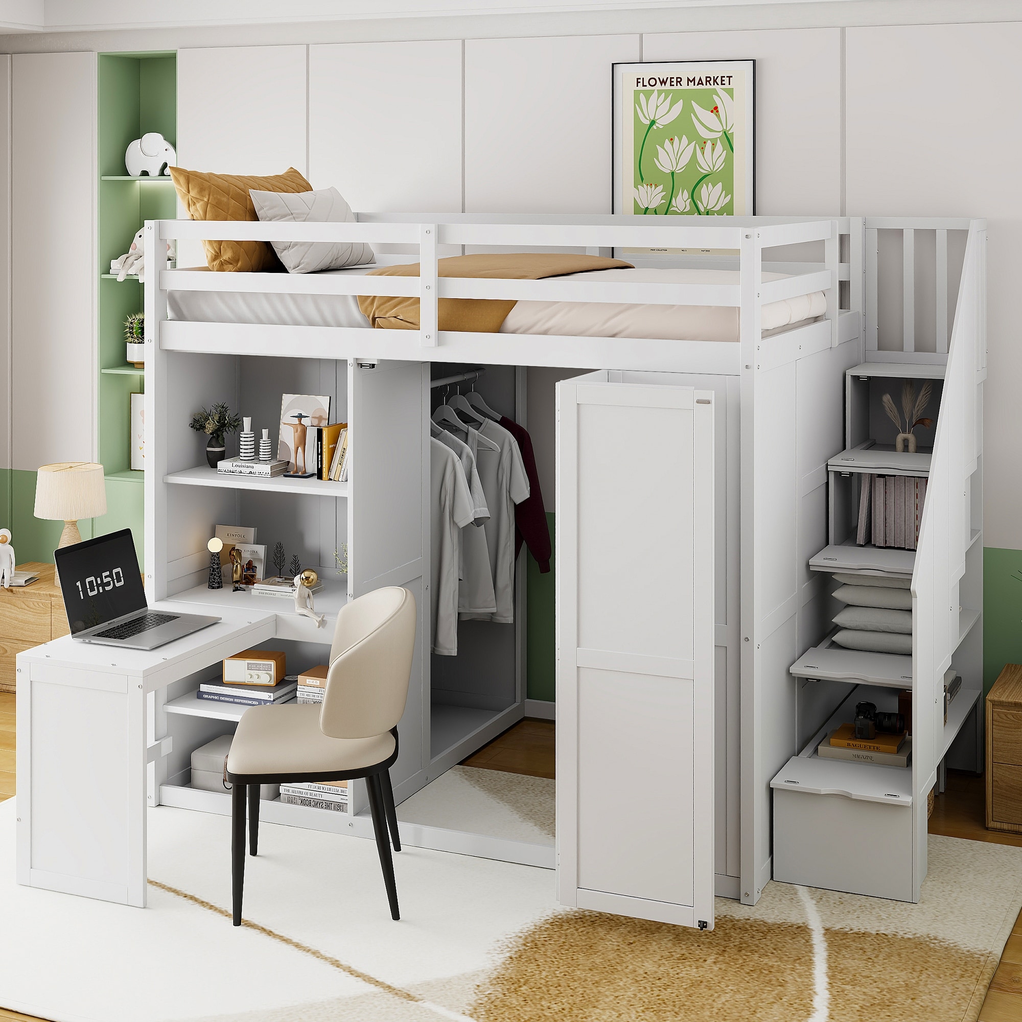 Full Size Loft Bed with Wardrobe & Desk - Space Saving Bed Frame with Built-in Shelves, for Bedroom, Dorm & Small Spaces