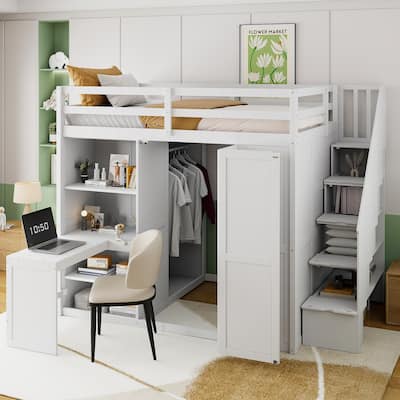 Versatile Full Size Loft Bed with Built-In Workspace, Open Shelves and Storage Stairs, Private Dressing Area with Foldable Door