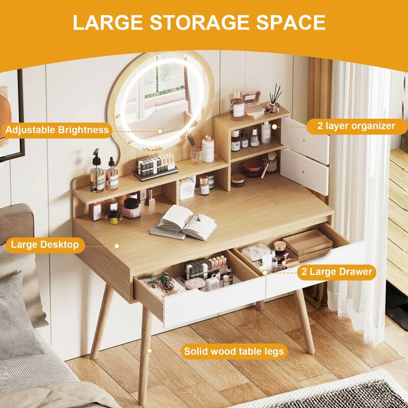 Vanity Dressing Table with LED Mirror & Storage - White Makeup Desk Features 3 Drawers, 2 Open Shelves & 4 Hidden Cabinets