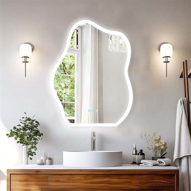 Curved Bathroom Mirror Silver Led Makeup Vanity Mirror Anti-Fog Decor - 31.5in - 31.5in - Silver