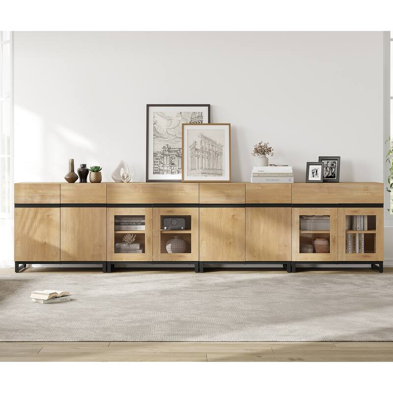 4 in 1 Modern Dresser with Glass Doors & 2 Drawers, featuring an adjustable shelf and metal base for organized storage
