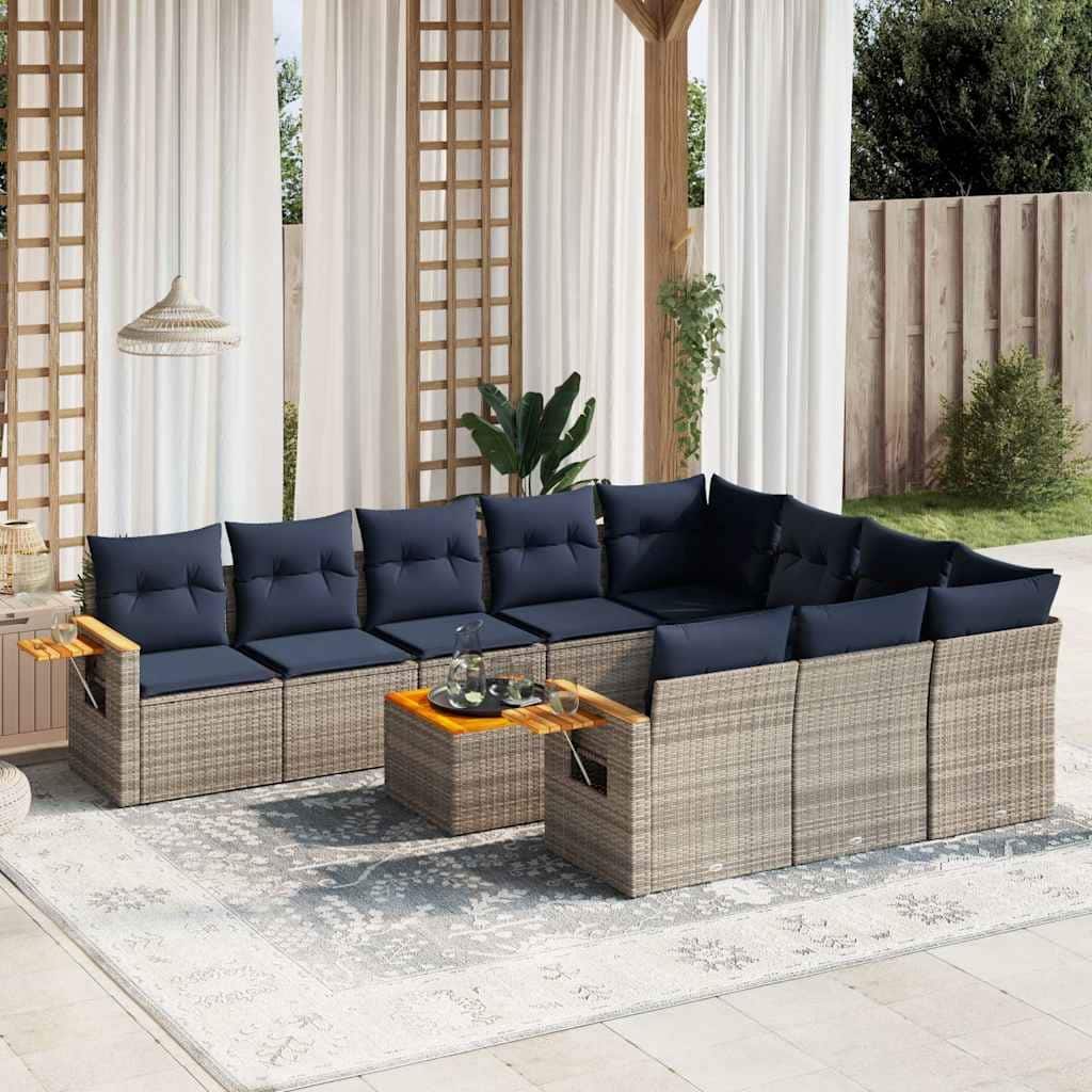 vidaXL 11 Piece Patio Sofa Set with Cushions Grey Poly Rattan (US only) - 113.8x33.5x92.1
