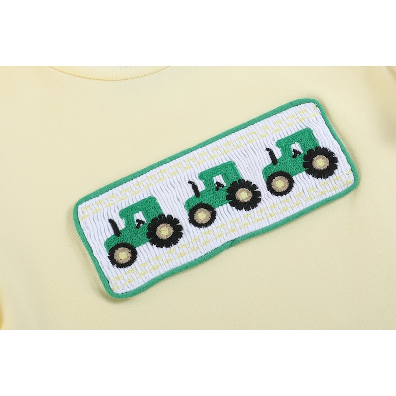 Green Tractor Smocked T-Shirt and Gray Gingham Shorts Set