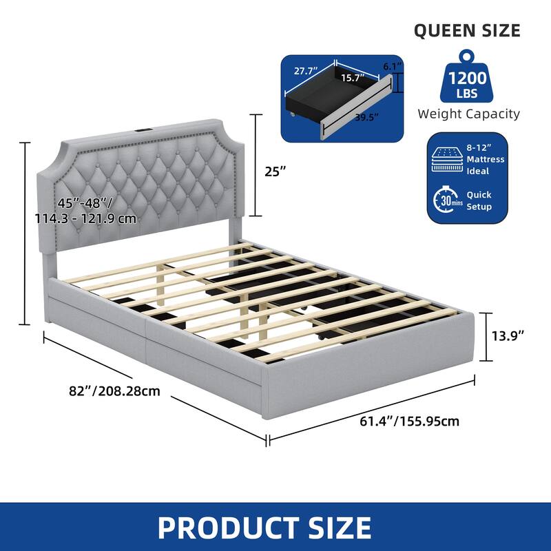 Moasis Velvet/Linen Upholstered Bedframe with Adjustable Headboard and 4 Storage Drawers