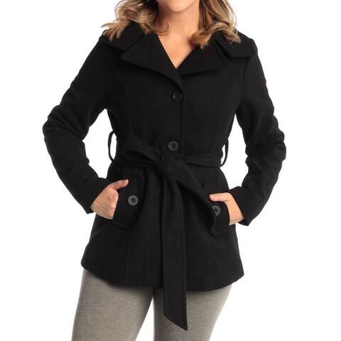 Alpine Swiss Bella Womens Wool Coat Button Up Jacket Belted Blazer - Black