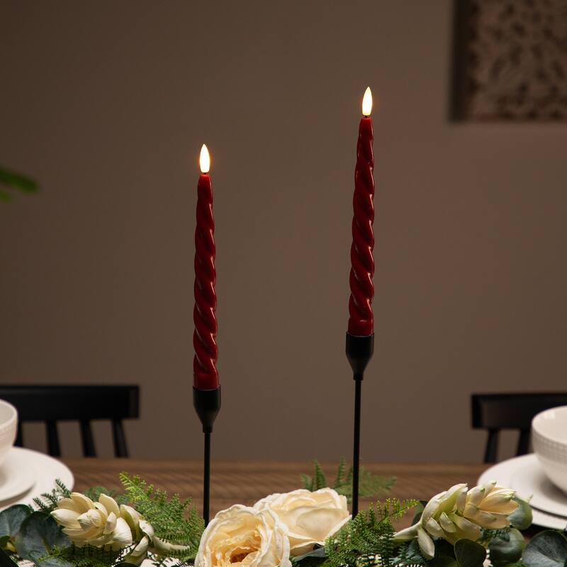 LED Flickering Taper Flameless Swirled Christmas Candles - 9.5" - Red - Set of 2
