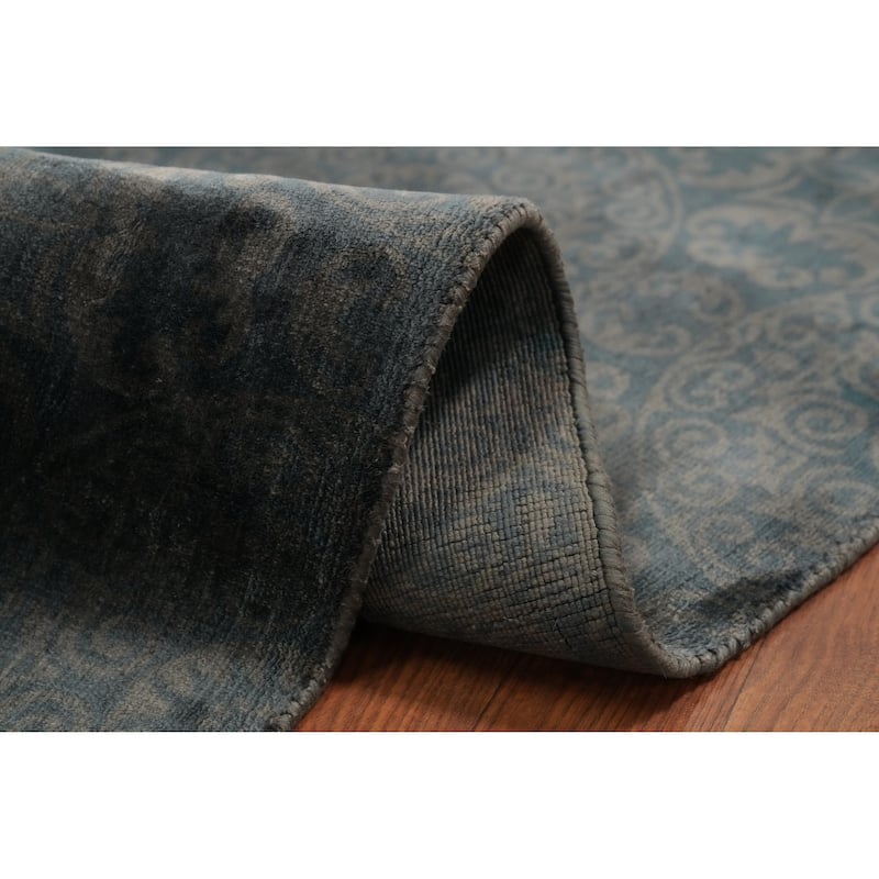 Hand Knotted Oriental Viscose Silk Carpet Modern Floral Greys & Charcoal Abstract Area Rug - 5' 11'' X 3' 9''