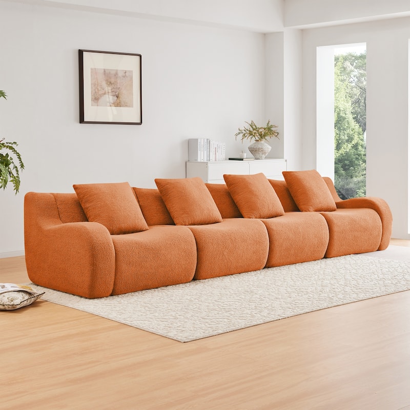 118" Teddy Fabric Boneless Couch, Upholstered 4-Seat Sofa with Curved Armrests, Modular Deep Seat Sofa, No Assembly Required - Orange