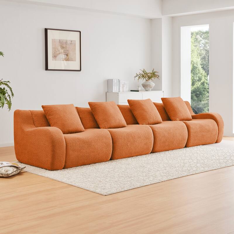 Anmytek Modern Plush 4-Seat Boneless Sofa - High-Quality Teddy Fabric, 32D High Density Sponge, No Assembly - Orange