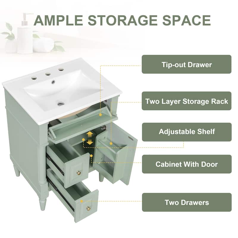 24" Freestanding Bathroom Vanity with Ceramic Sink, Solid Rubberwood Frame, Flip Drawer & Adjustable Shelf