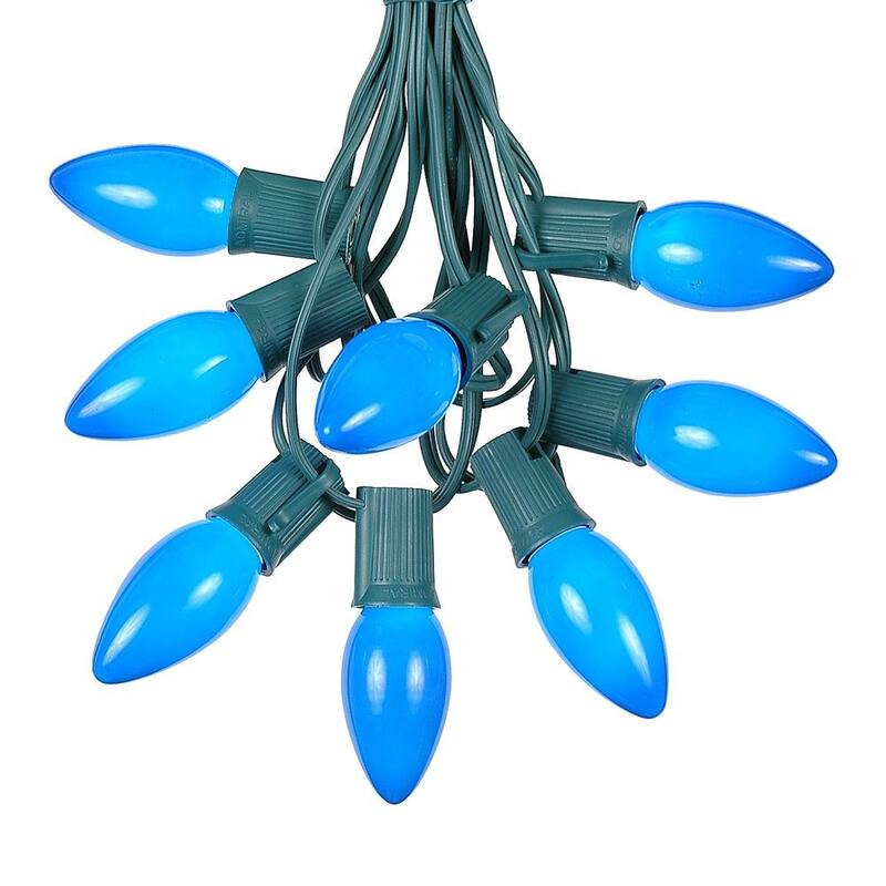 100 Foot C9 Ceramic Christmas Light Set, Hanging String Lights, Green Wire - Blue