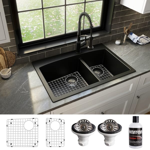 slide 2 of 64, Karran Drop-In Quartz 33 in. 1-Hole 60/40 Double Bowl Kitchen Sink Kit