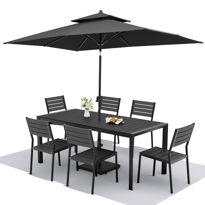 9-Piece Outdoor Patio Dining Set Wood Like Aluminum Umbrella Hole Table with Stackable Chairs, Market Umbrella and Wheel Base