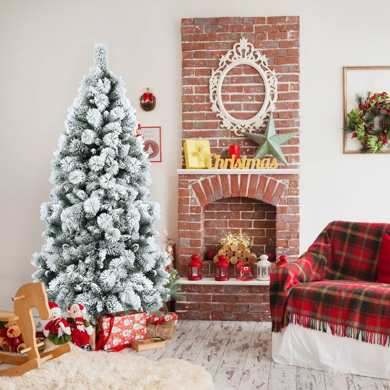 Gymax 5/6/7 FT Artificial Hinged Christmas Tree Snow-Flocked Xmas Tree - See Details