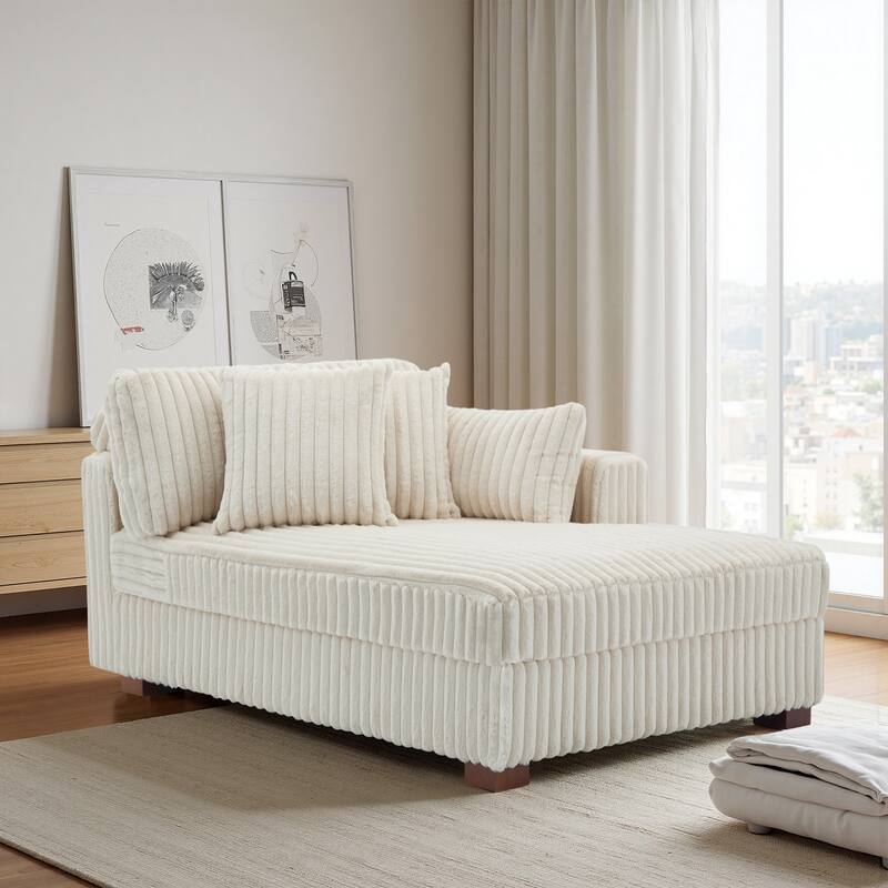 42" W Plush Corduroy Upholstered Chaise Lounge Sleeper for Living - Chaise&2 Pillows-Right Facing - White