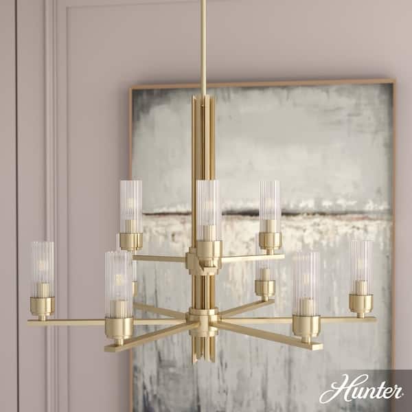 slide 2 of 12, Hunter Gatz Ribbed Glass Chandelier - Dining Room, Kitchen Island, Entry - Glam, Contemporary, Transitional 30" 9 Light-2 Tier - Alturas Gold