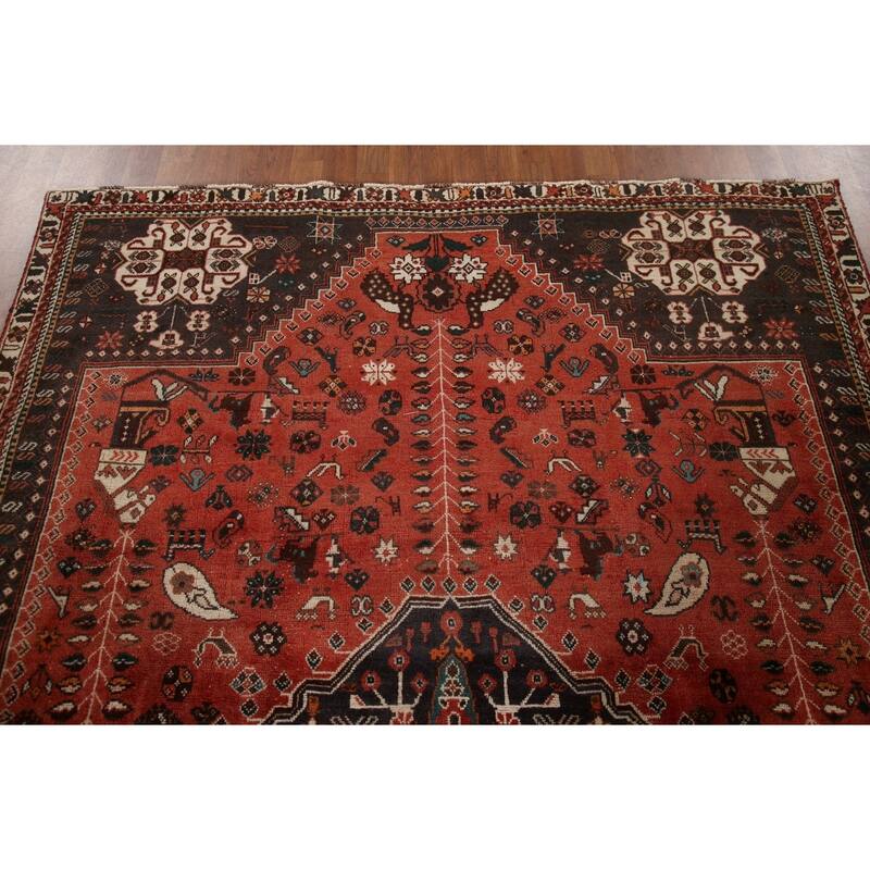 Vegetable Dye Handmade Shiraz Persian Vintage Rug Orange Wool Carpet - 6'2"x 9'4"
