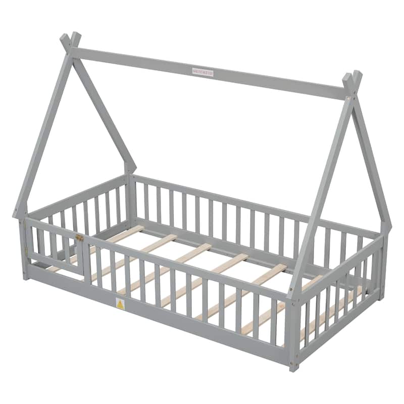 Twin Tent-shaped Floor Bed with Guardrails