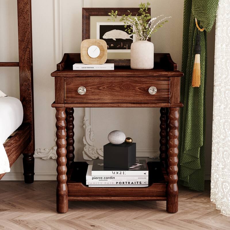 Wooden Nightstand with Drawer and Open Shelf, Accent Nightstand with Turned Legs, Sofa Side Table with Metal Handle