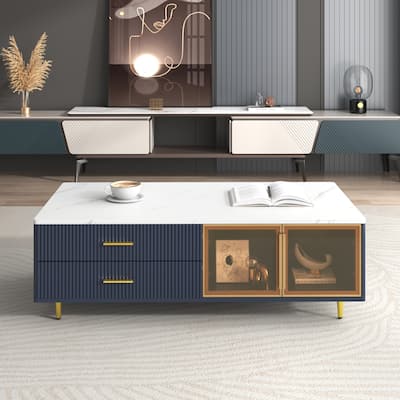 47.2" Modern Coffee Table with 2 Glass Door, 4 Drawers and Multi-Color Lighting