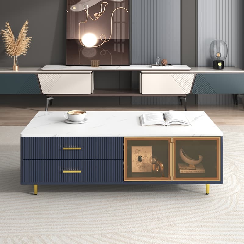 Modern 47.2" Coffee Table with 2 Glass Door Storage, 4 Drawers, Wooden Decorative Cocktail Table with Gold Metal Legs - Navy Blue