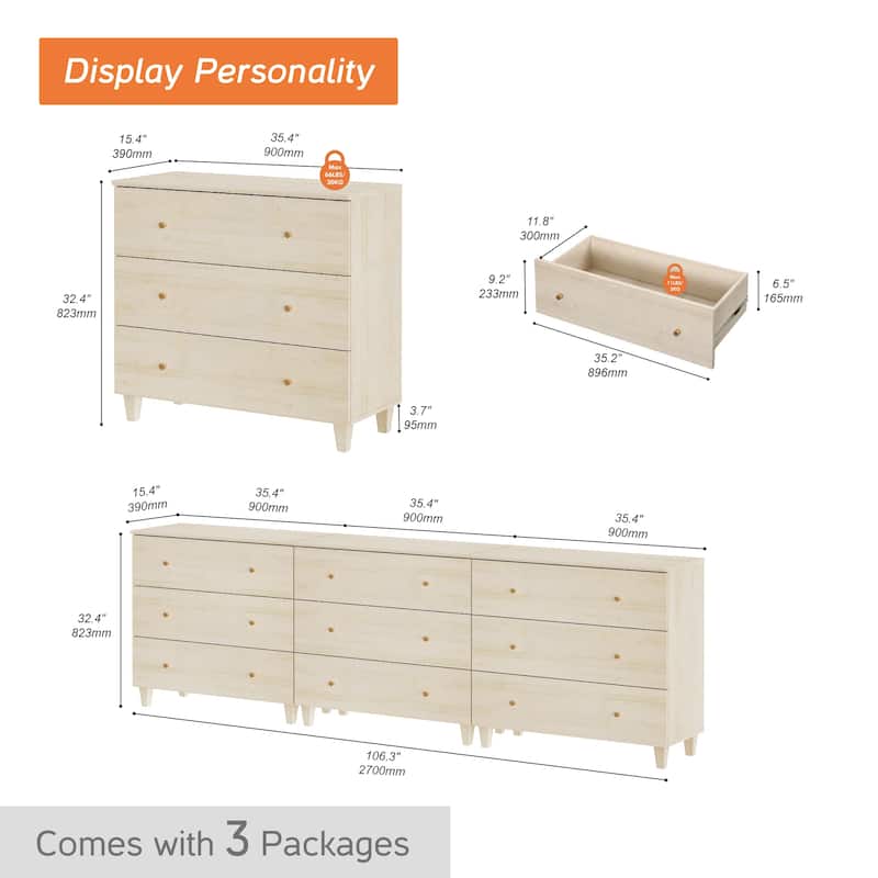 WAMPAT Dresser with 3 Drawers, 35.4" Wide Chest of Drawer for Bedroom