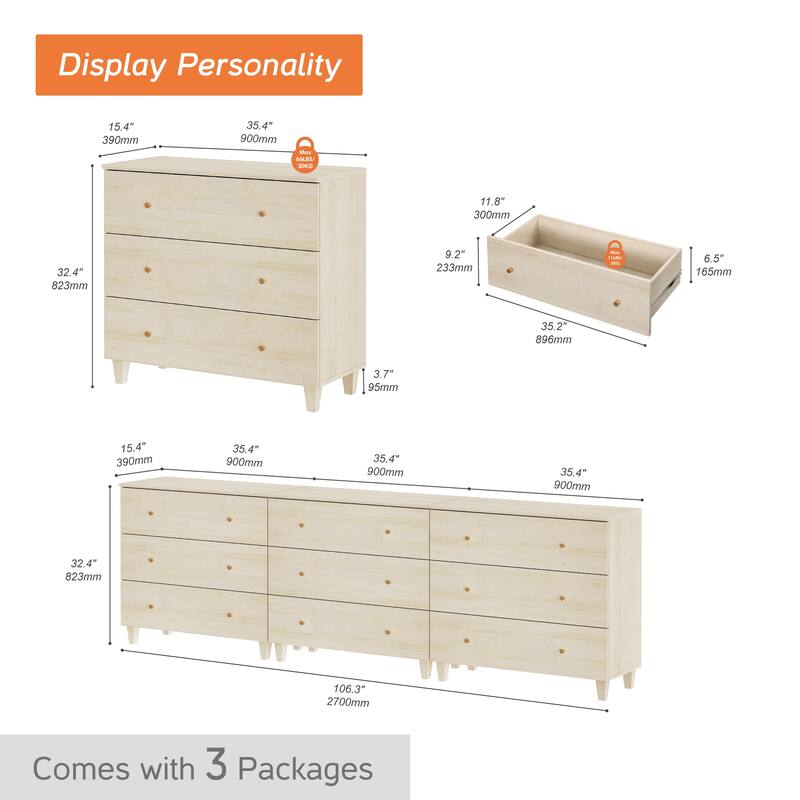 Wood Dresser with 3 Wide Drawers for Bedroom, Kids Room