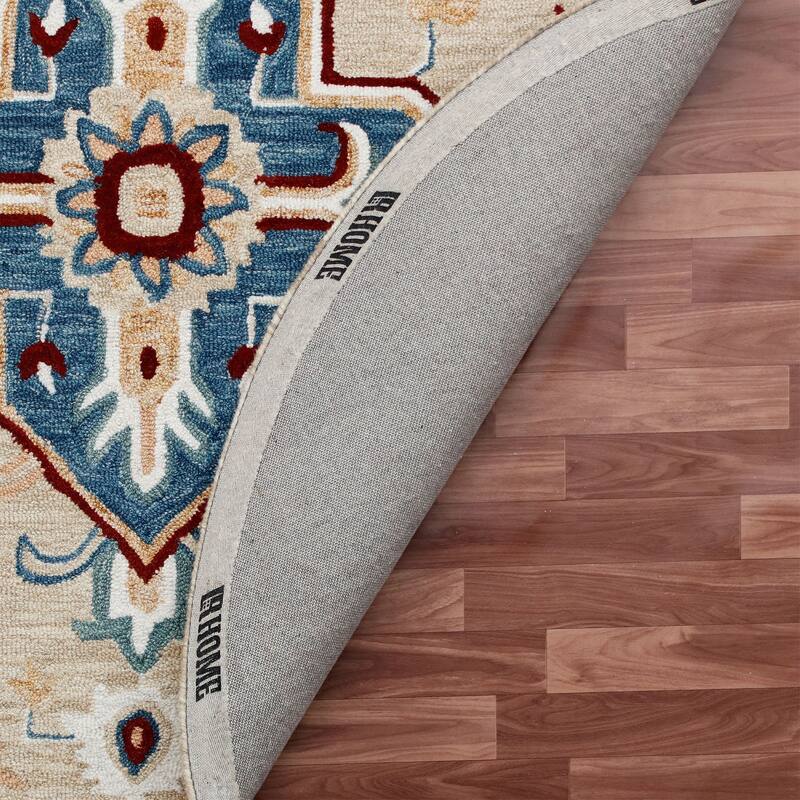 Sevita Beige/Blue Medallion Round Area Rug