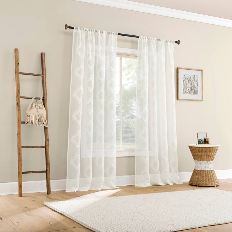 No. 918 Ravenna Embroidered Medallion Sheer Rod Pocket 1-Piece Curtain Panel, Single Panel