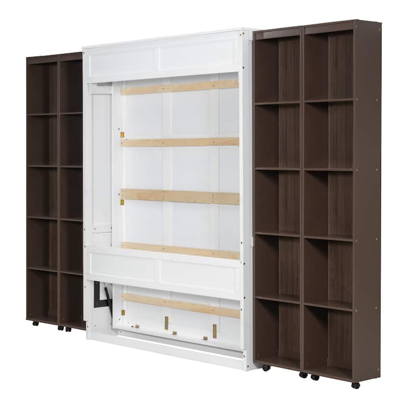 Queen Murphy Bed with Storage Bookcase, Space Saving Queen Foldable Wood Wall Bedframe for Guest Room, Home Office, Bedroom