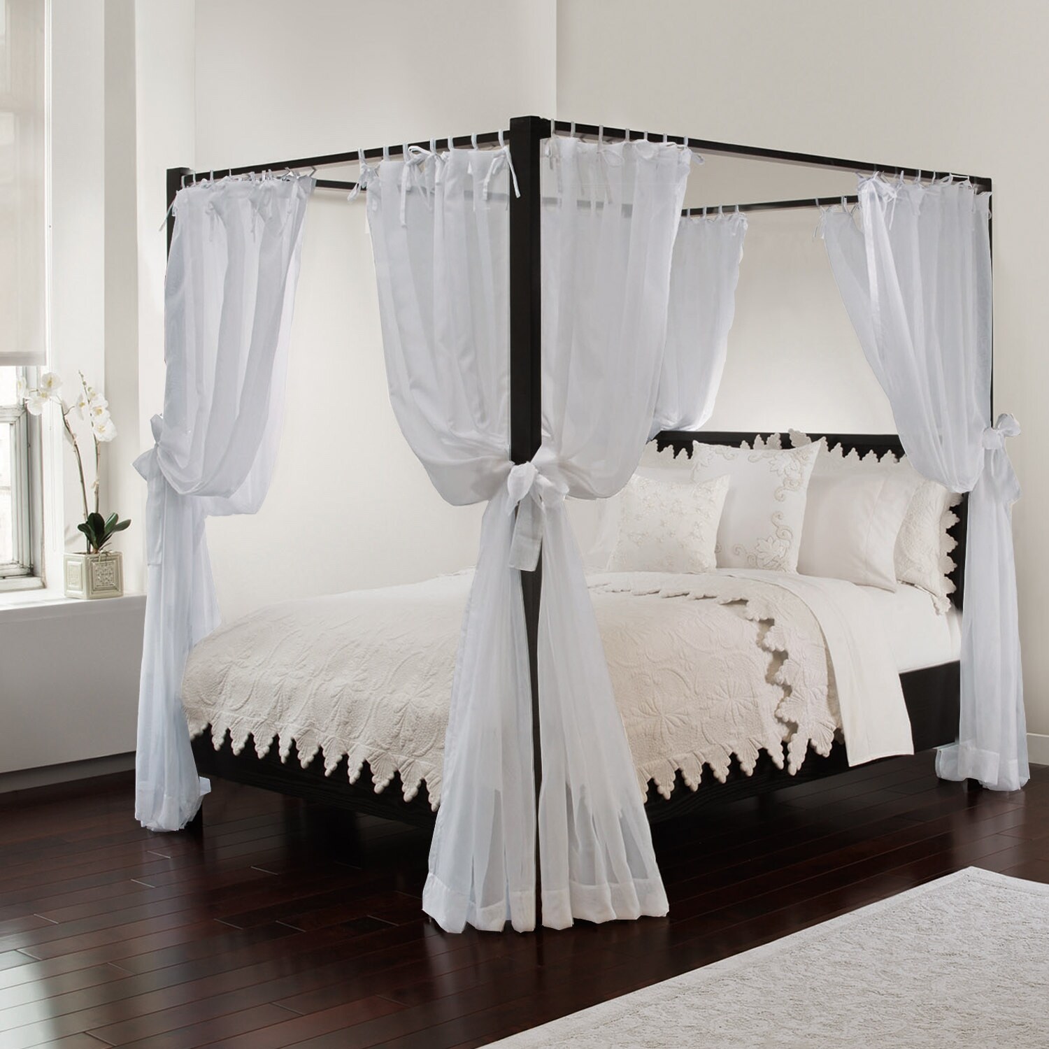 Royale Home Tie Sheer Bed Canopy Curtains, White - 8 pack
