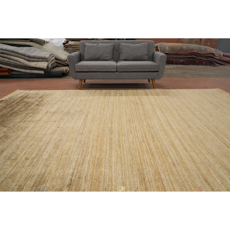 Hand Knotted Oriental Viscose Silk Carpet Tribal Animal Pictorial Yellow & Gold Gabbeh Area Rug - 11' 11'' X 8' 11''