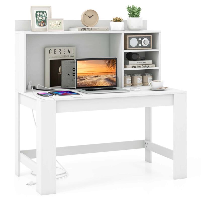 Costway Computer Desk with Hutch 2 Power Outlets USB & Type-c charging - See Details - White - See Details