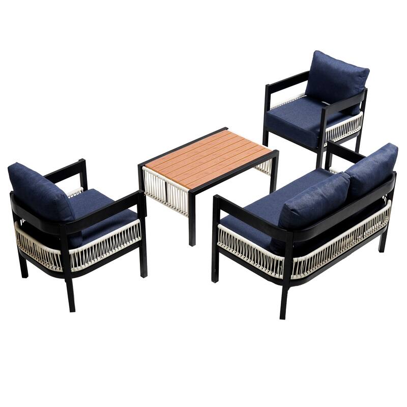 Roomfitters Multi-Person Outdoor Iron Sofa Set with Table, Rattan Decoration, Waterproof, Rust-Proof for Garden, Lawn