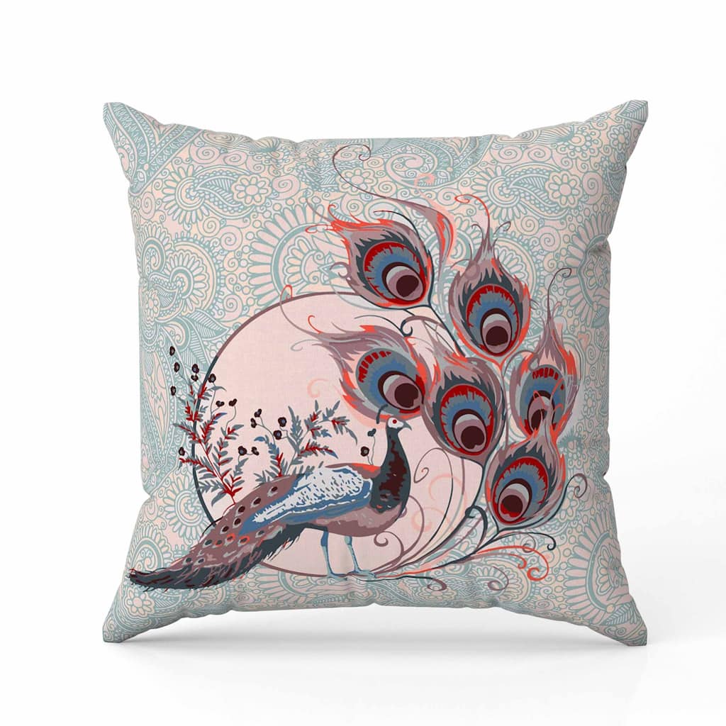 Paisley Peacock Dreams Indoor/Outdoor Reversible Throw Pillow Pink and Opal