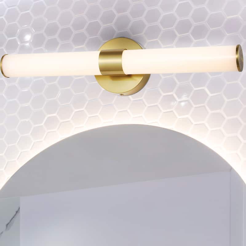 Elyse 20.13" 1-Light Industrial Mid-Century Iron Integrated LED Vanity Light, by JONATHAN Y - Brass Gold/White