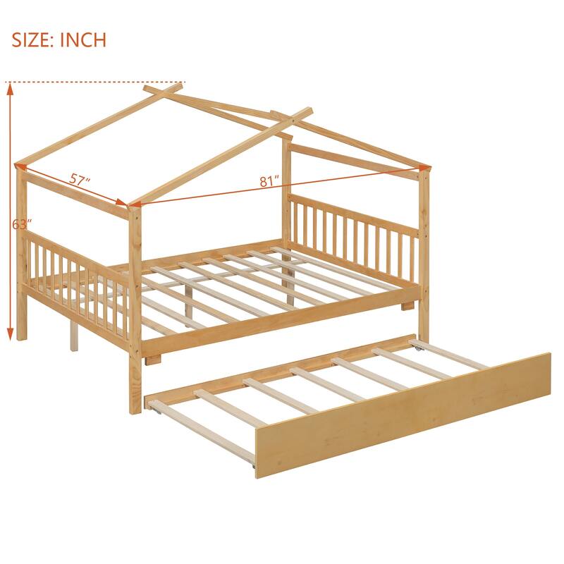 Full Size Wooden House Bed with Twin Trundle, Natural Finish, Pinewood Construction