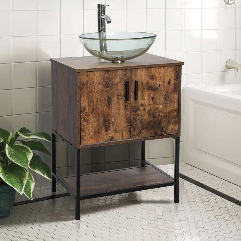 24" Bathroom Vanity Sink Set Brown Free-standing Manufactured Wood with Sink Faucet Drain Combo