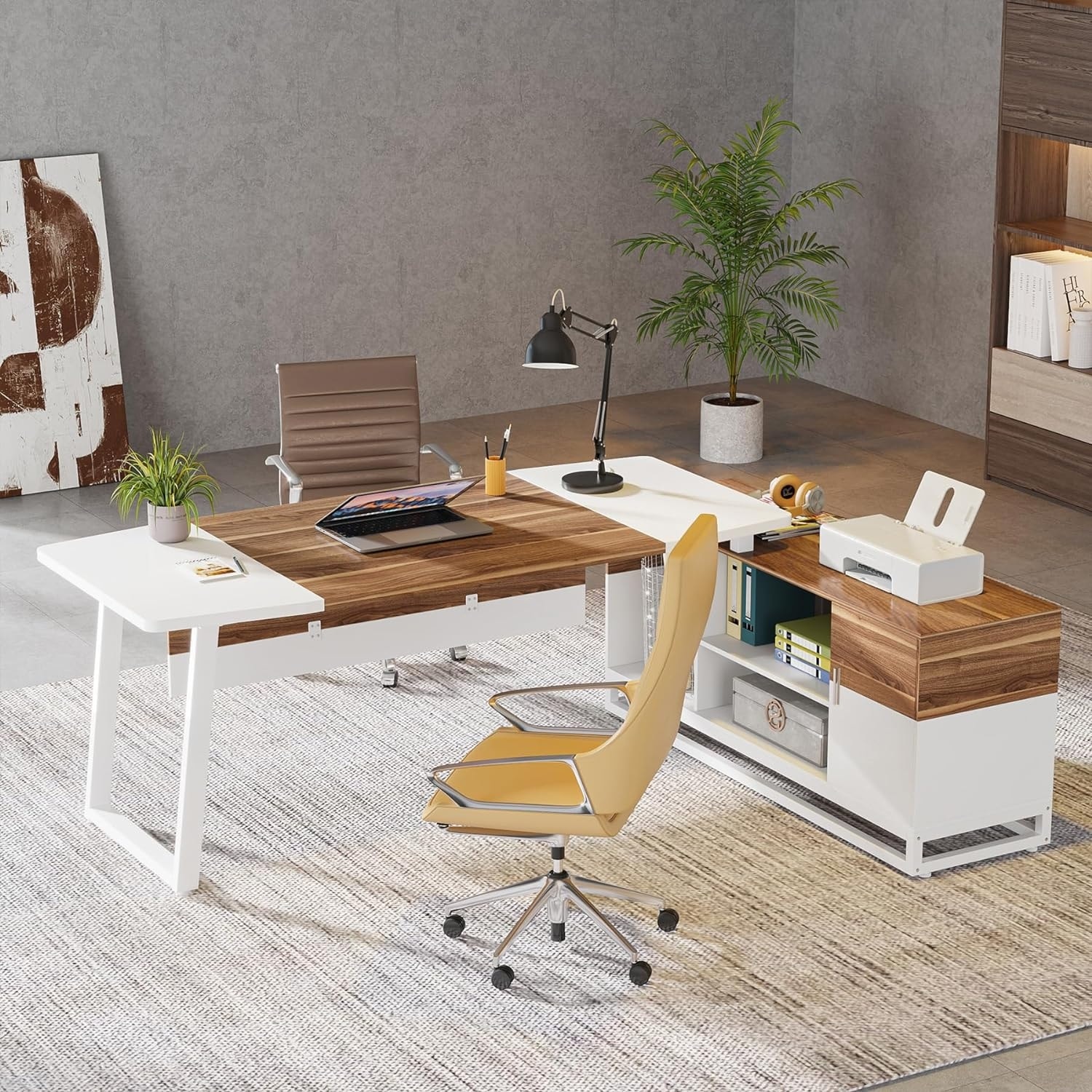 67 L Shaped Executive Desk with 55 File Cabinet for Home Office