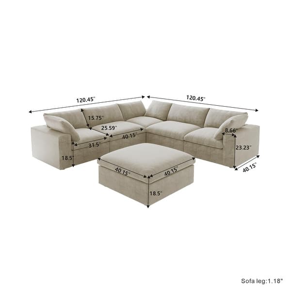 dimension image slide 0 of 3, Oversize Down Filled 5-Piece Sectional Sofa with Storage Ottoman for Living Room
