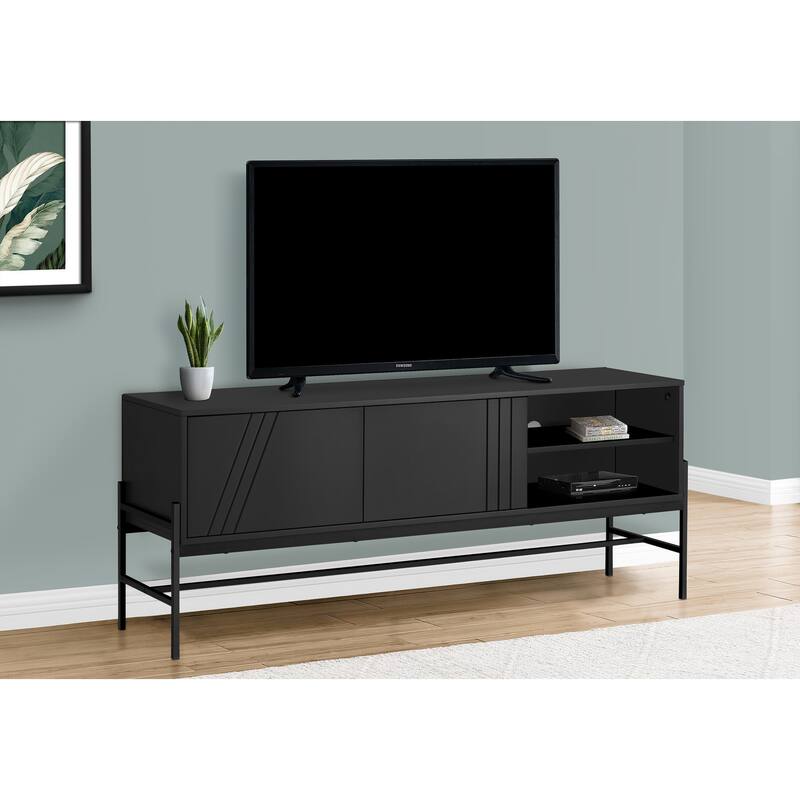 Modern 60-Inch TV Console with Grey Laminate and Black Metal, Entertainment Center with Storage