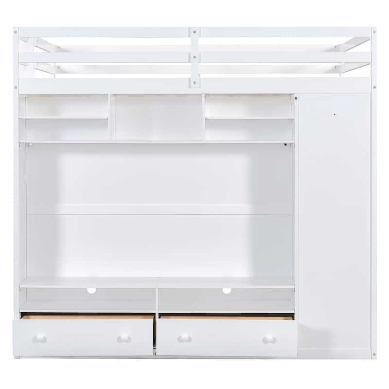 Full Size Loft Bed with Storage, LED Light, and Shelves - White