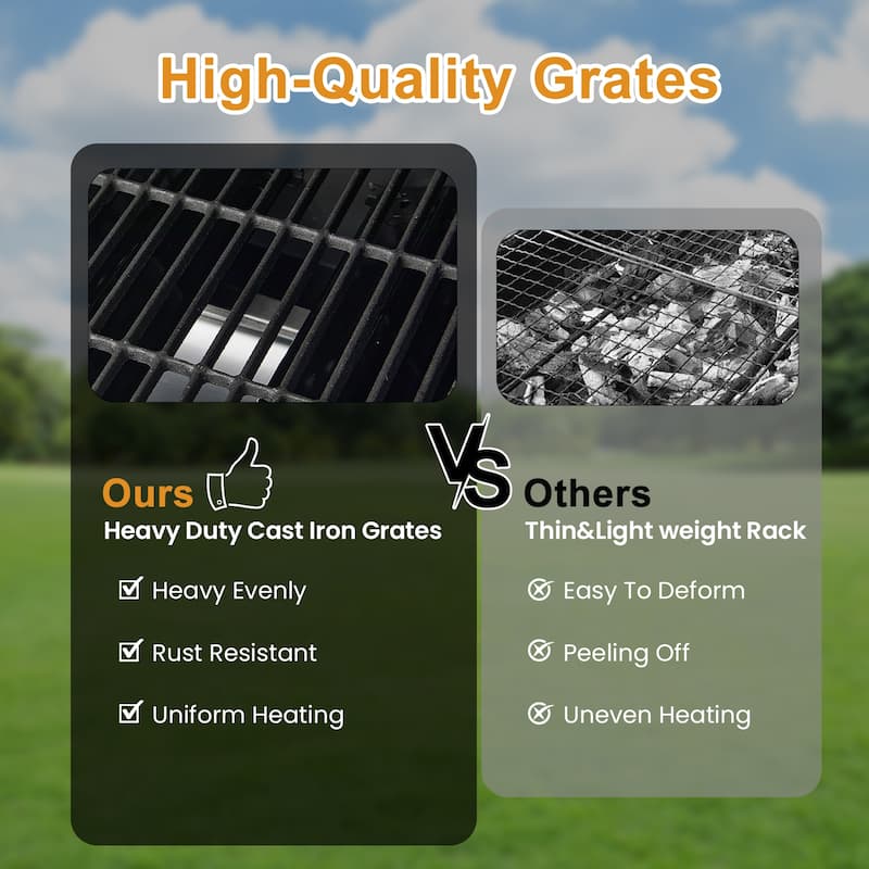 Outdoor Propane Gas Grill with Side Burner, Cast Iron Grates, Storage Cabinet, Easy Clean for Backyard & Patio