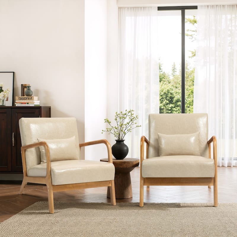 2 Set Mid-Century Modern Faux Leather Accent Chairs with Cushion - Cream/Natural wood